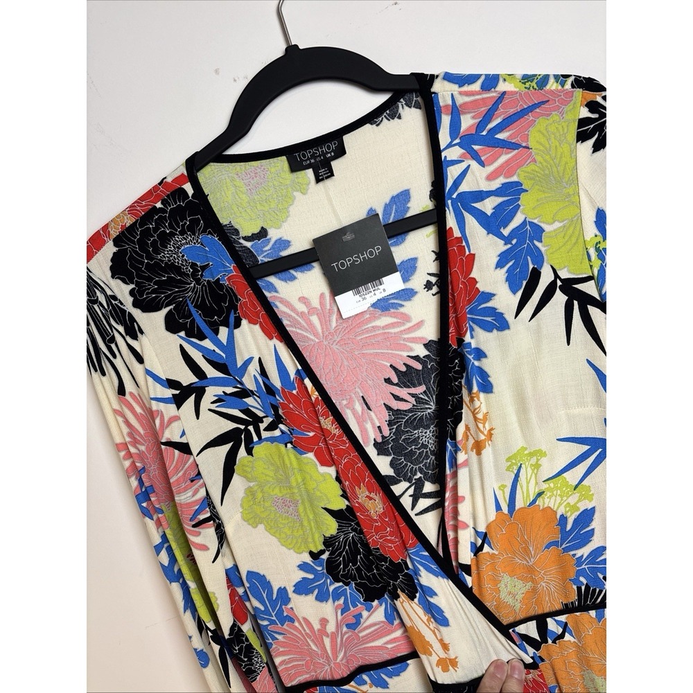Topshop Multicolor Floral Kimono Midi Dress V-Neck Long Sleeve Polyester US 4